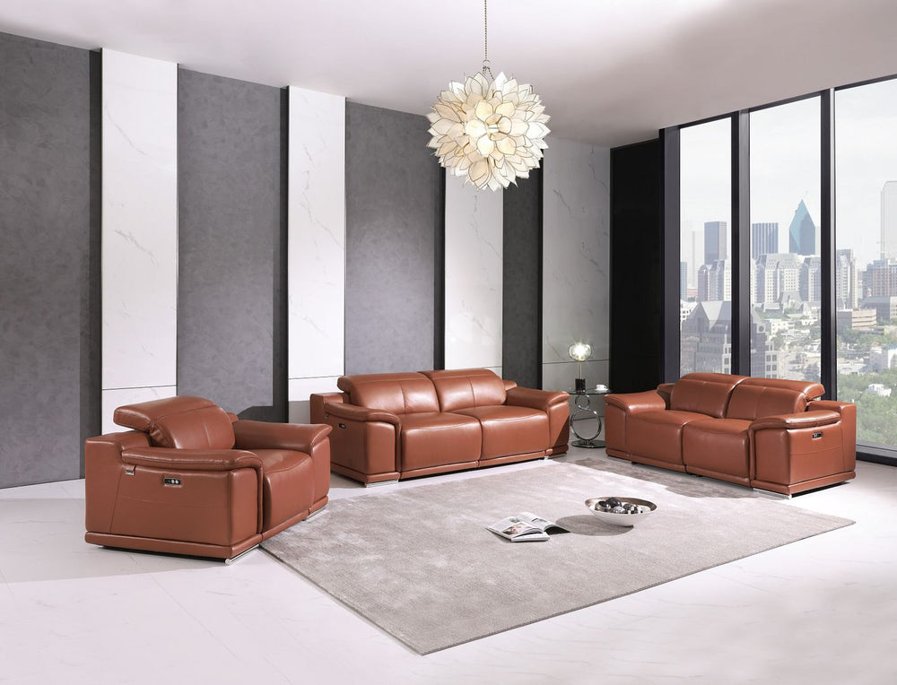 DivanItalia 9762 Top Grain Italian Leather Power Reclining Sofa, Loveseat and Chair Set with Adjustable Headrests - Camel