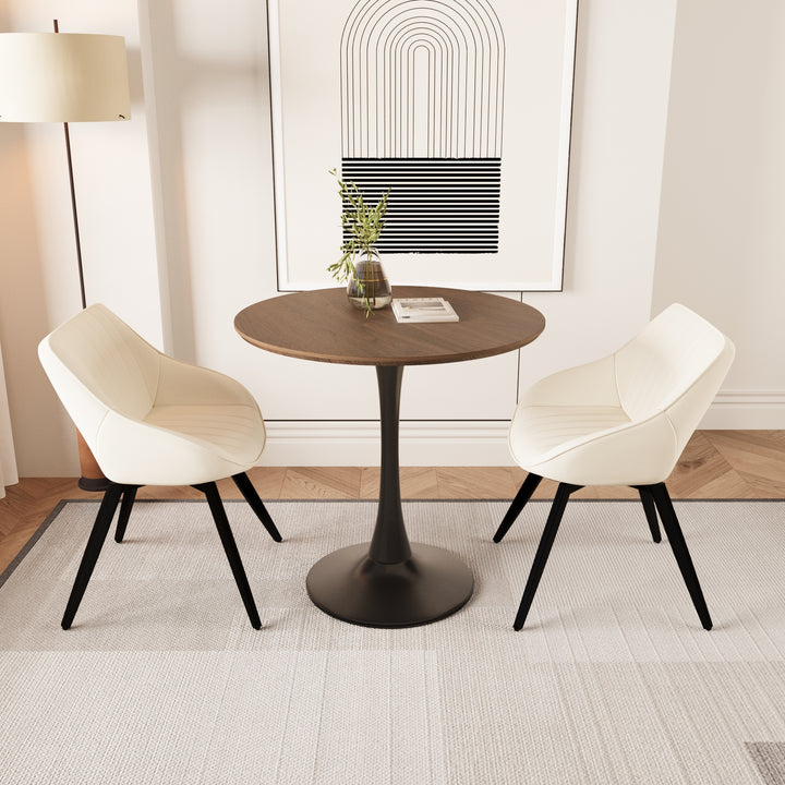 Mid-Century Modern 3-Piece Round Tulip Dining Table Set in Walnut &amp; Beige