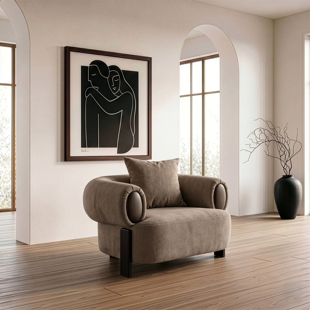 Arnaud - Modern Tan Fabric + Brown Oak Accent Chair