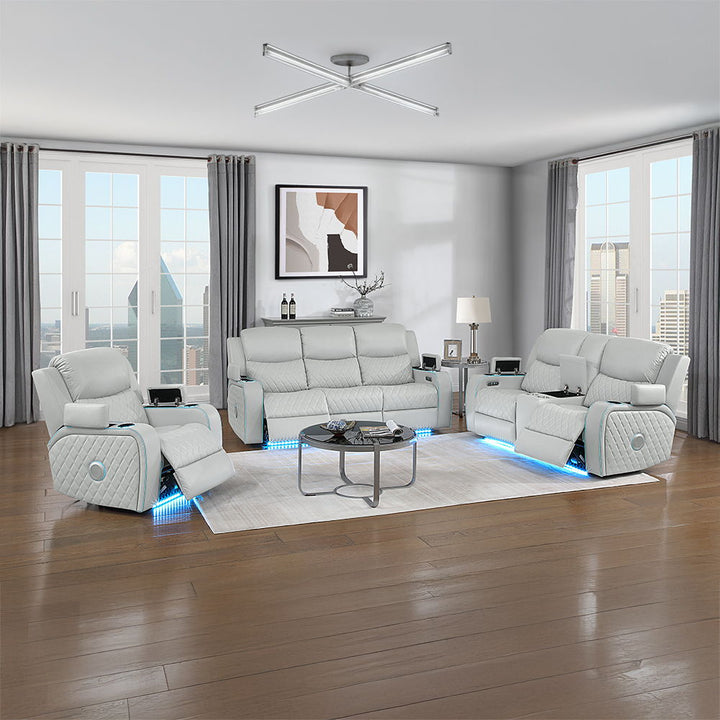 Elonzo - Power Motion Sofa With LED, Power Headrest & Speaker - Light Gray