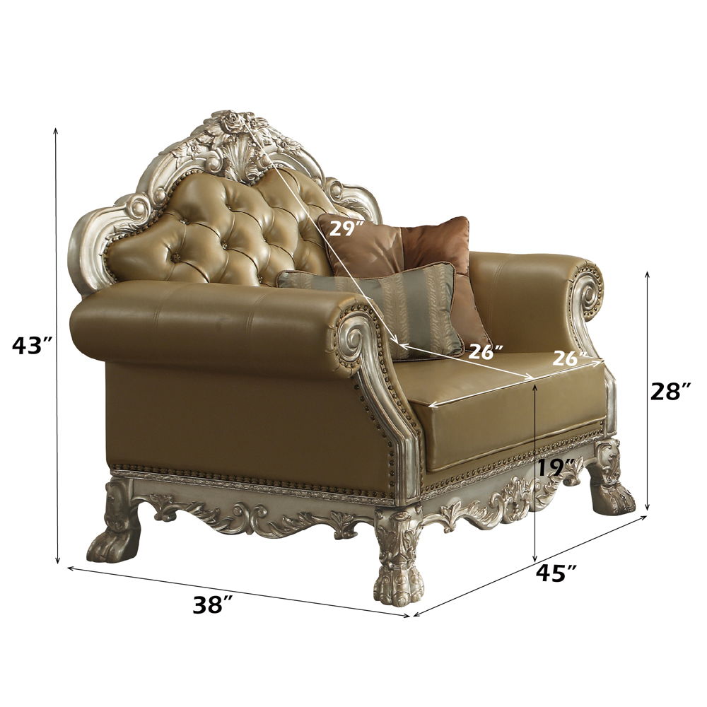 Dresden - Chair With 2 Pillows - Bone Synthetic Leather & Gold Patina