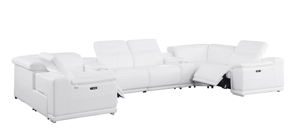 DivanItalia 9762 8-Piece U Shaped Top Grain Italian Leather Sectional Sofa with 2 Power Recliners - White