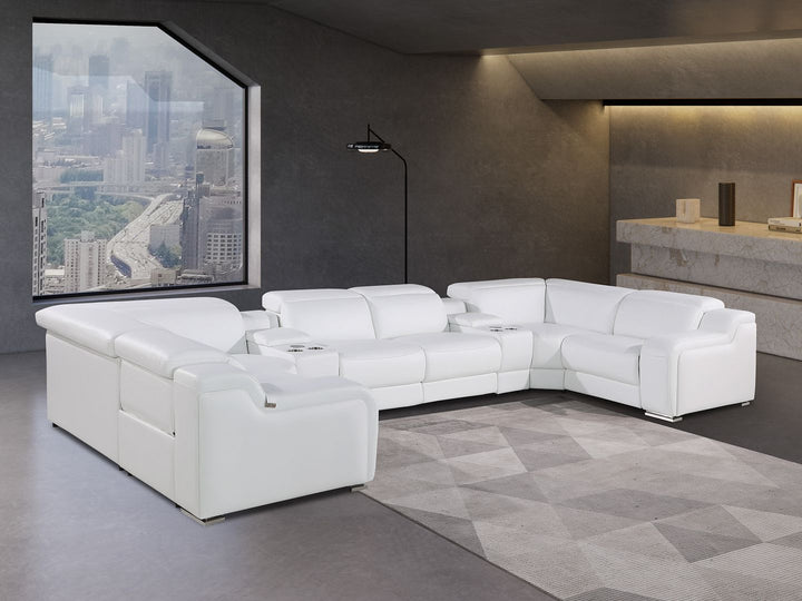 DivanItalia 1116 8-Piece U-Shaped Sectional Sofa in Top Grain Italian Leather with 2 Power Recliners &amp; Power Headrests – with Console - White