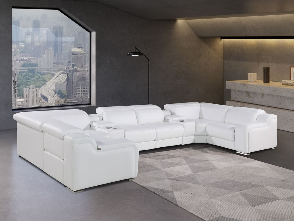 DivanItalia 1116 8-Piece U-Shaped Sectional Sofa in Top Grain Italian Leather with 2 Power Recliners & Power Headrests – with Console - White