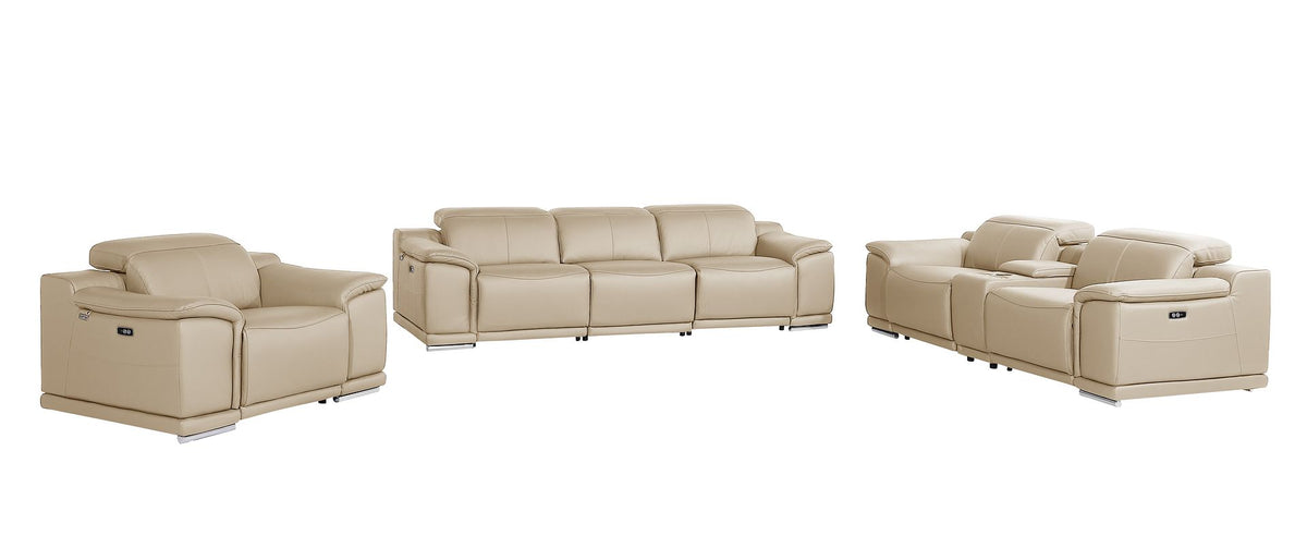 DivanItalia 9762 7-Piece Modular Power Reclining Sofa, Loveseat and Chair Set with 6 Power Recliners in Top Grain Italian Leather - Beige