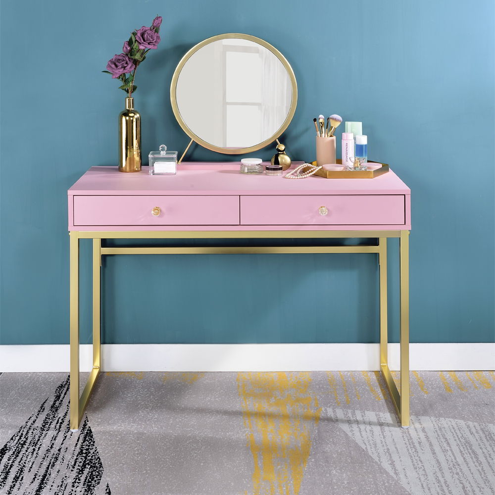 Coleen - Vanity Desk With Mirror & Jewelry Tray - Pink & Gold