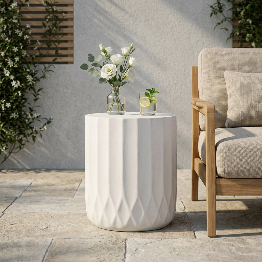 15" Round Scalloped Outdoor Side Table – Antique White