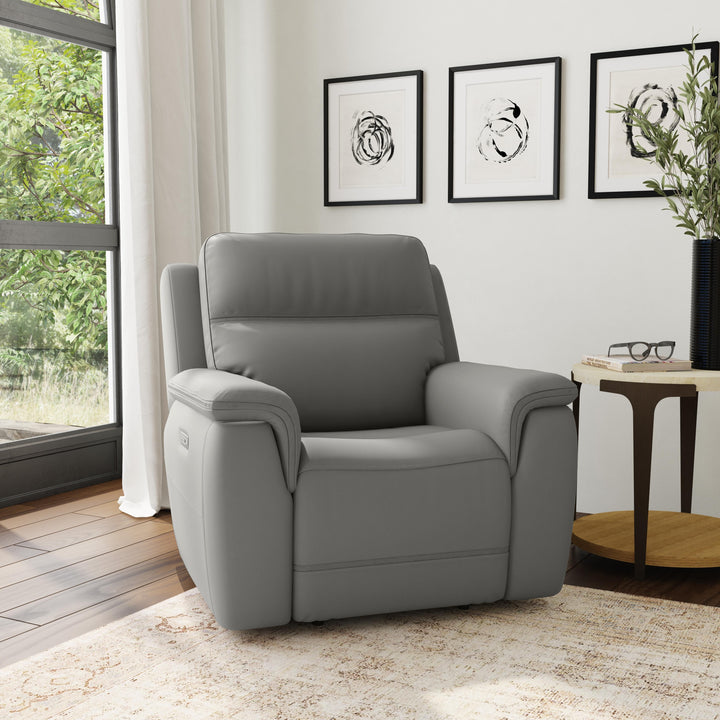 Sawyer Leather Power Recliner with Power Headrest &amp; Lumbar in Grey