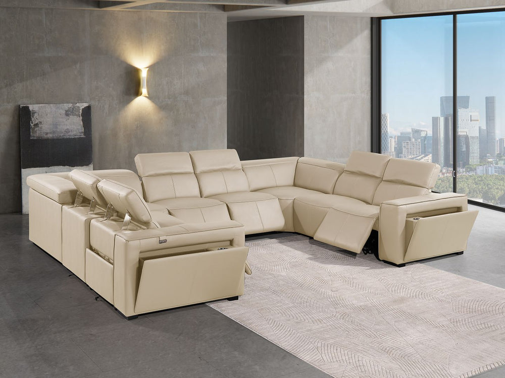 DivanItalia 1224 8-Piece U-Shaped Sectional Sofa in Top Grain Italian Leather with 4 Power Recliners & Power Headrests – No Console - Beige