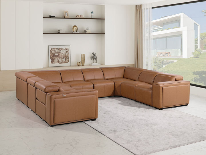 DivanItalia 1224 8-Piece U-Shaped Sectional Sofa in Top Grain Italian Leather with 4 Power Recliners &amp; Power Headrests – No Console - Cognac