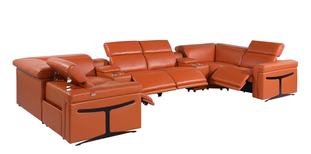 DivanItalia 1126 8-Piece U-Shaped Sectional Sofa in Top Grain Italian Leather with 4 Power Recliners & Power Headrests – with Console - Camel