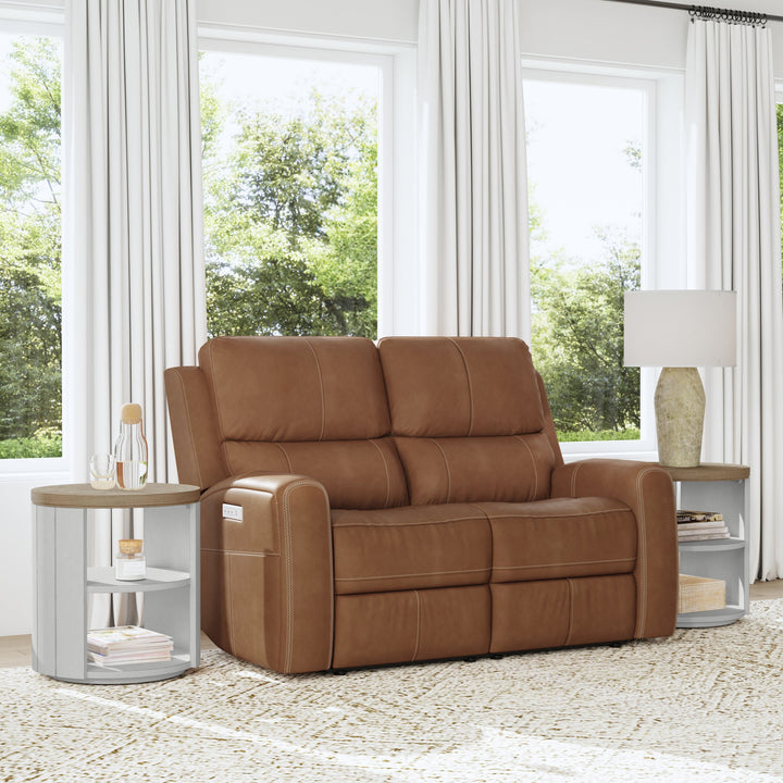 Linden Leather Power Reclining Loveseat with Power Headrests &amp; Lumbar in Caramel