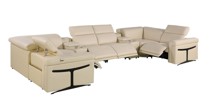 DivanItalia 1126 8-Piece U-Shaped Sectional Sofa in Top Grain Italian Leather with 4 Power Recliners &amp; Power Headrests – with Console - Beige