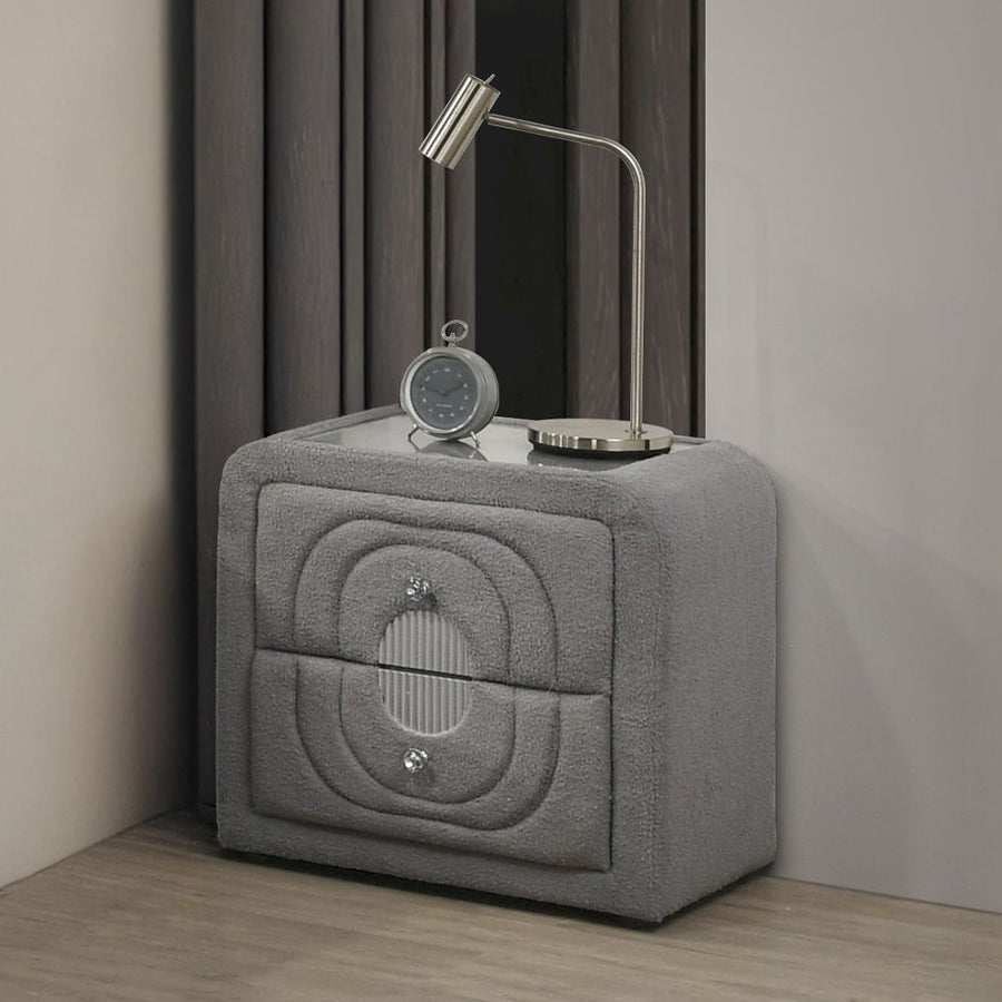 ACME Furniture Shelyn Nightstand Gray Teddy Sherpa & Chrome