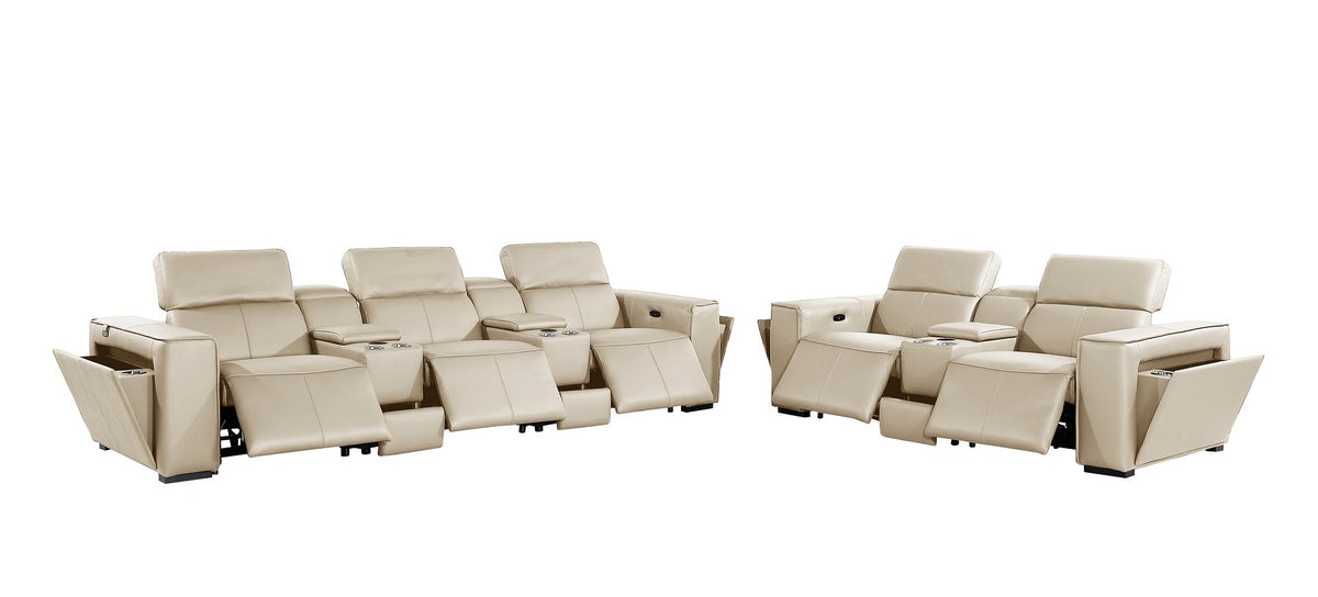 DivanItalia 1224 8-Piece Modular Power Reclining Sofa & Loveseat Set in Top Grain Italian Leather with 5 Power Recliners & Power Headrests - Beige