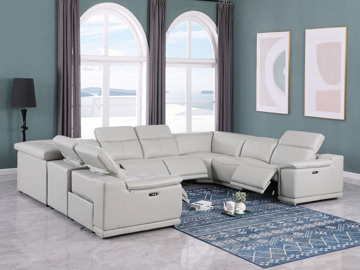 DivanItalia 9762 8-Piece U Shaped Top Grain Italian Leather Sectional Sofa with 4 Power Recliners – No Console - Light Gray