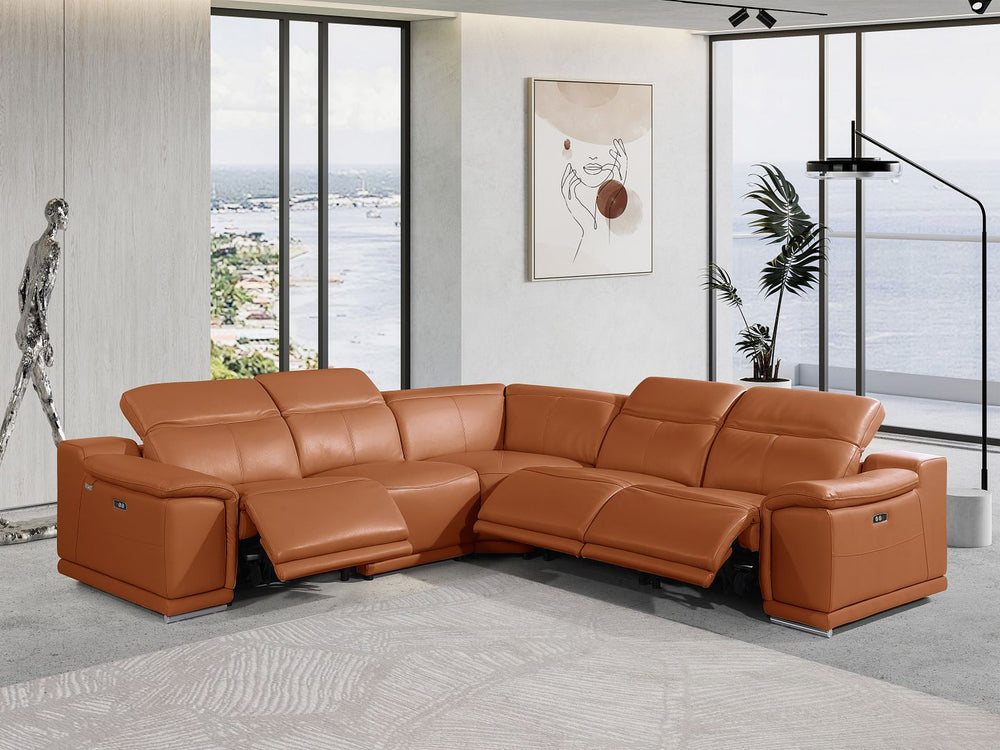 DivanItalia 9762 5-Piece L Shaped Top Grain Italian Leather Sectional Sofa with 3 Power Recliners - Camel