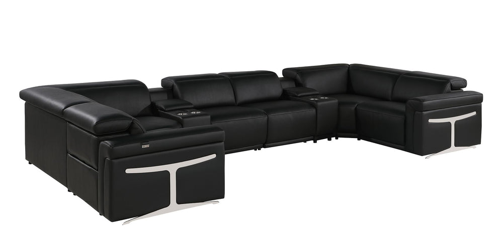 DivanItalia 1126 8-Piece U-Shaped Sectional Sofa in Top Grain Italian Leather with 2 Power Recliners & Power Headrests - Black