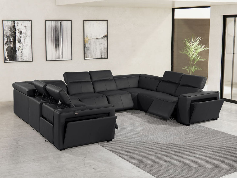 DivanItalia 1224 8-Piece U-Shaped Sectional Sofa in Top Grain Italian Leather with 4 Power Recliners & Power Headrests – No Console - Black