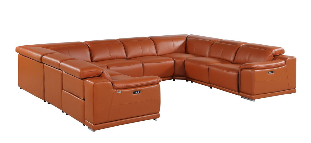 DivanItalia 9762 8-Piece U Shaped Top Grain Italian Leather Sectional Sofa with 4 Power Recliners – with Console - Camel