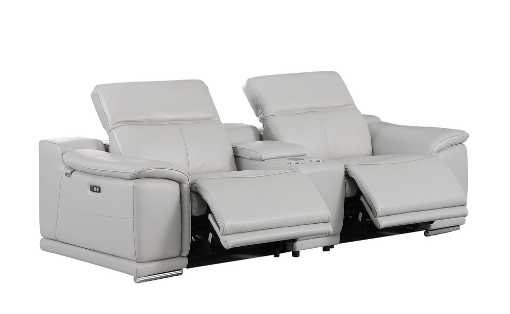 DivanItalia 9762 3-Piece Modular Power Reclining Console Loveseat with 2 Power Recliners in Top Grain Italian Leather - Light Gray
