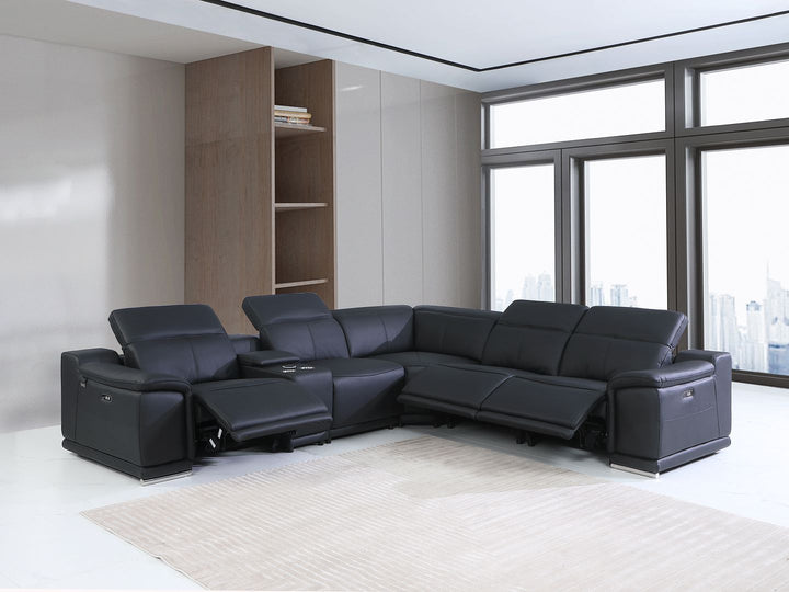 DivanItalia 9762 6-Piece L Shaped Top Grain Italian Leather Sectional Sofa with 3 Power Recliners - Black