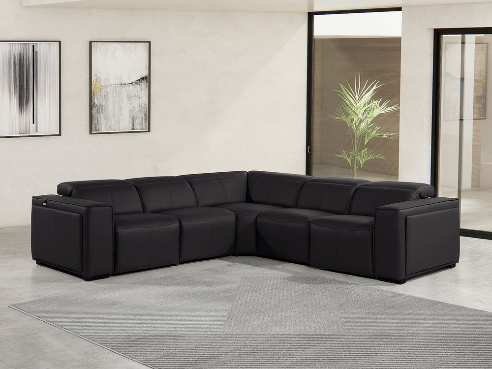 DivanItalia 1224 5-Piece L-Shaped Sectional Sofa in Top Grain Italian Leather with 3 Power Recliners & Power Headrests - Black