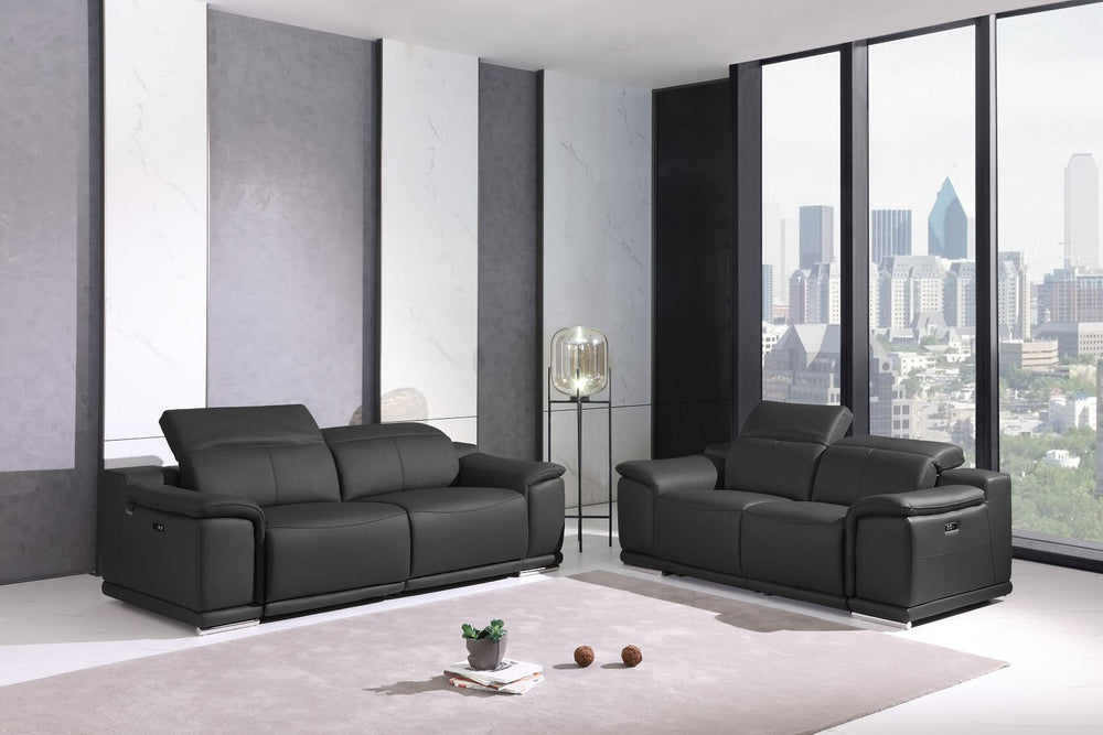 DivanItalia 9762 Top Grain Italian Leather Power Reclining Sofa and Loveseat Set with Adjustable Headrests - Dark Gray