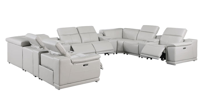 DivanItalia 9762 12-Piece U Shaped Top Grain Italian Leather Sectional Sofa with 4 Power Recliners - Light Gray