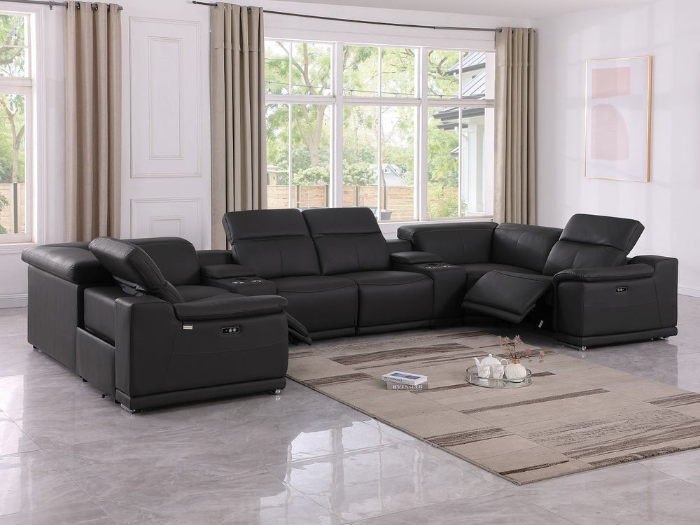 DivanItalia 9762 8-Piece U Shaped Top Grain Italian Leather Sectional Sofa with 2 Power Recliners - Black
