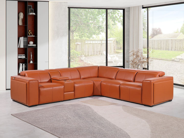 DivanItalia 1224 6-Piece L-Shaped Sectional Sofa in Top Grain Italian Leather with 3 Power Recliners &amp; Power Headrests - Camel