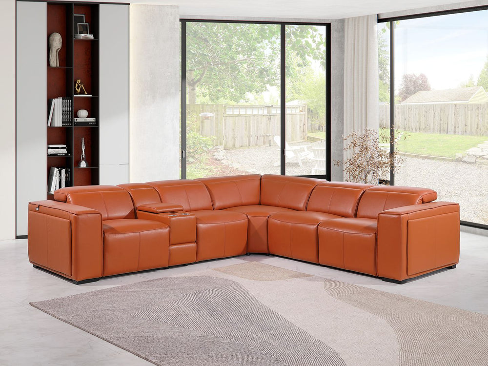 DivanItalia 1224 6-Piece L-Shaped Sectional Sofa in Top Grain Italian Leather with 3 Power Recliners & Power Headrests - Camel