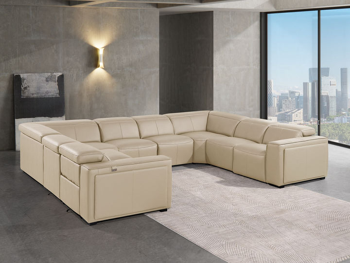 DivanItalia 1224 8-Piece U-Shaped Sectional Sofa in Top Grain Italian Leather with 4 Power Recliners &amp; Power Headrests – No Console - Beige
