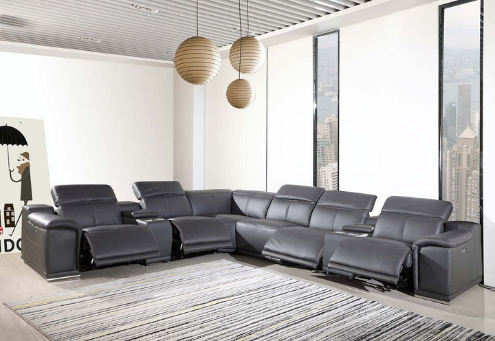 DivanItalia 9762 8-Piece L Shaped Top Grain Italian Leather Sectional Sofa with 4 Power Recliners - Dark Gray