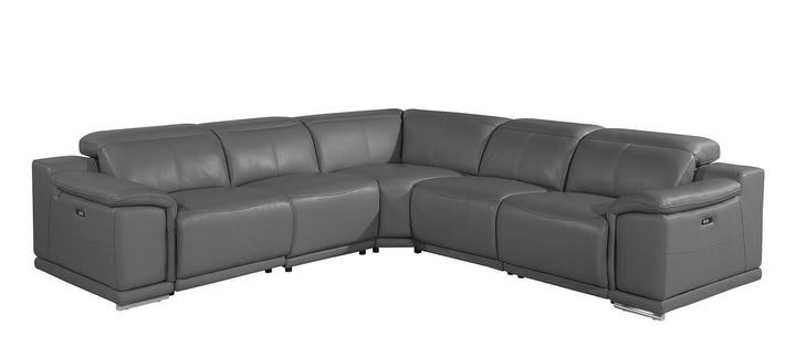 DivanItalia 9762 5-Piece L Shaped Top Grain Italian Leather Sectional Sofa with 3 Power Recliners - Dark Gray