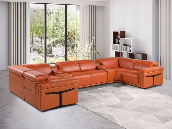 DivanItalia 1126 8-Piece U-Shaped Sectional Sofa in Top Grain Italian Leather with 4 Power Recliners &amp; Power Headrests – with Console - Camel