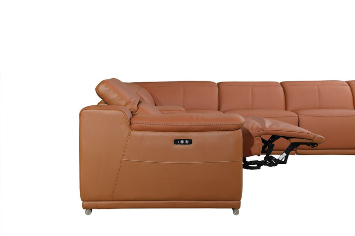 DivanItalia 9762 8-Piece L Shaped Top Grain Italian Leather Sectional Sofa with 4 Power Recliners - Camel