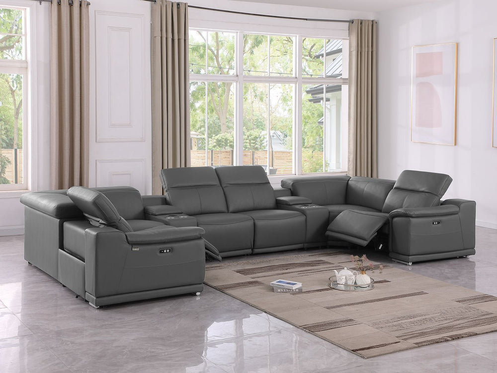 DivanItalia 9762 8-Piece U Shaped Top Grain Italian Leather Sectional Sofa with 2 Power Recliners - Dark Gray