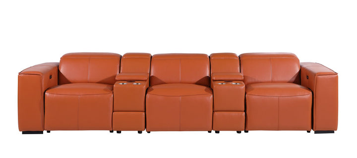 DivanItalia 1224 5-Piece Modular Power Reclining Sofa in Top Grain Italian Leather with 3 Power Recliners &amp; Power Headrests - Camel