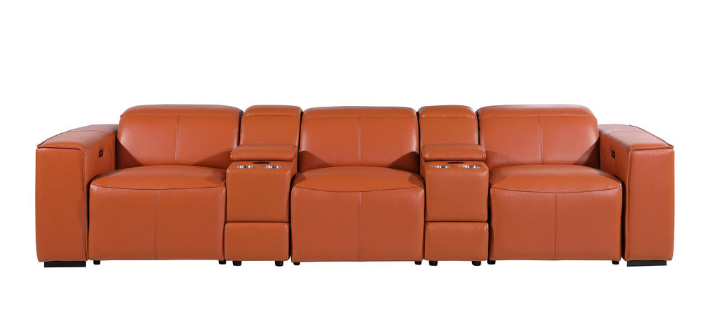 DivanItalia 1224 5-Piece Modular Power Reclining Sofa in Top Grain Italian Leather with 3 Power Recliners & Power Headrests - Camel