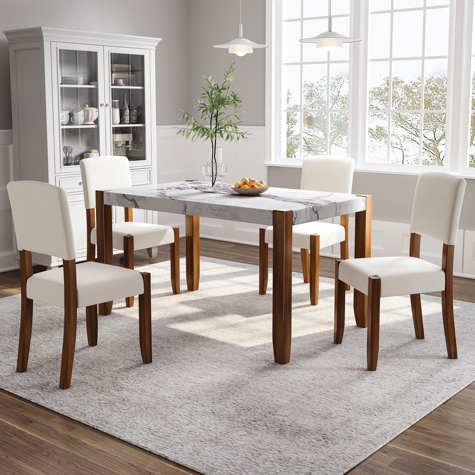 5-Piece Faux Marble Dining Table Set with Rubberwood Legs