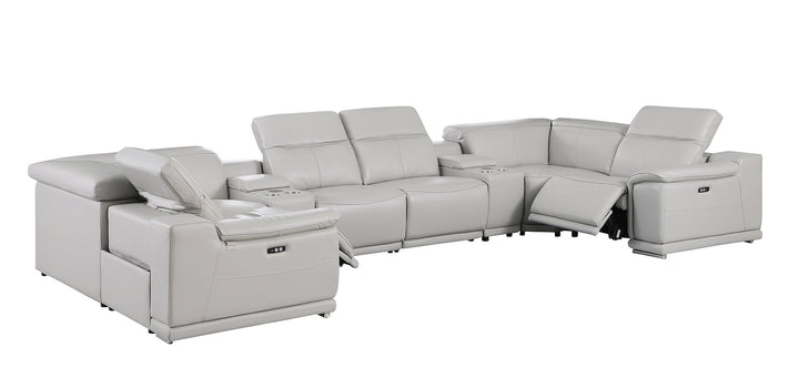 DivanItalia 9762 8-Piece U Shaped Top Grain Italian Leather Sectional Sofa with 2 Power Recliners - Light Gray