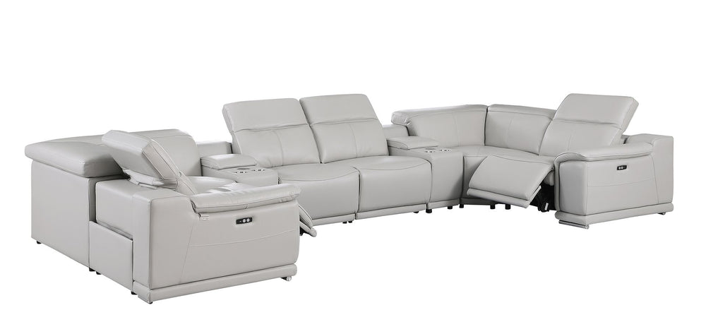 DivanItalia 9762 8-Piece U Shaped Top Grain Italian Leather Sectional Sofa with 2 Power Recliners - Light Gray