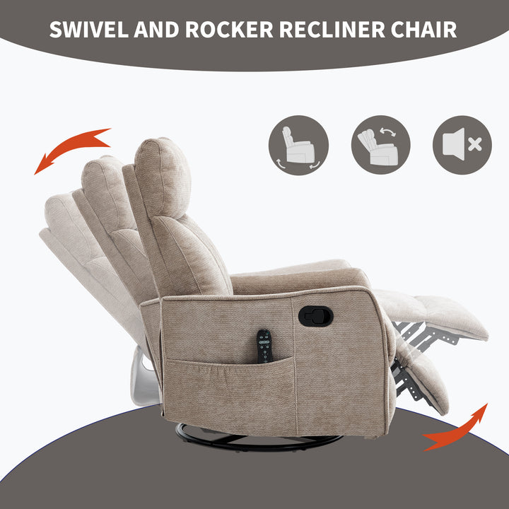 Khaki Heat &amp; Massage Manual Swivel Rocker Recliner Chair in Fabric
