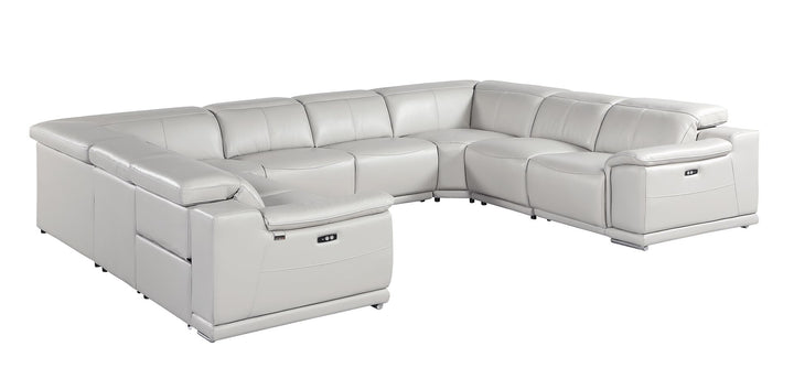 DivanItalia 9762 8-Piece U Shaped Top Grain Italian Leather Sectional Sofa with 4 Power Recliners – No Console - Light Gray
