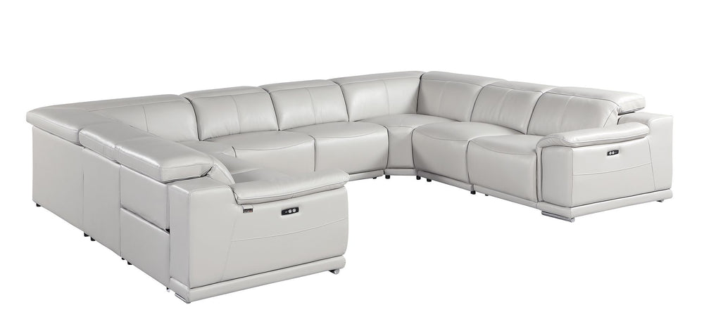 DivanItalia 9762 8-Piece U Shaped Top Grain Italian Leather Sectional Sofa with 4 Power Recliners – No Console - Light Gray