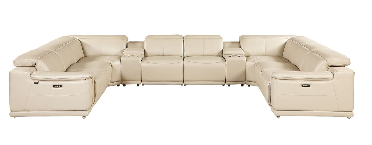 DivanItalia 9762 10-Piece U Shaped Top Grain Italian Leather Sectional Sofa with 4 Power Recliners - Beige