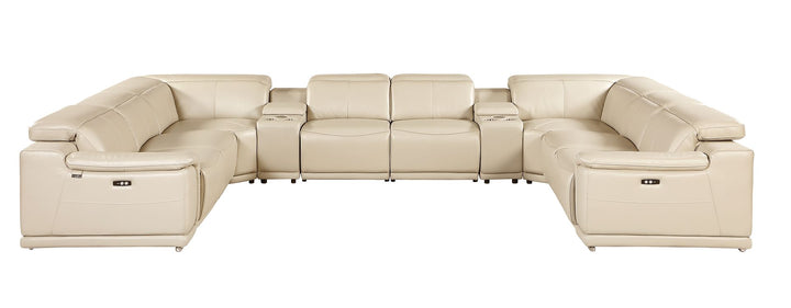 DivanItalia 9762 10-Piece U Shaped Top Grain Italian Leather Sectional Sofa with 4 Power Recliners - Beige