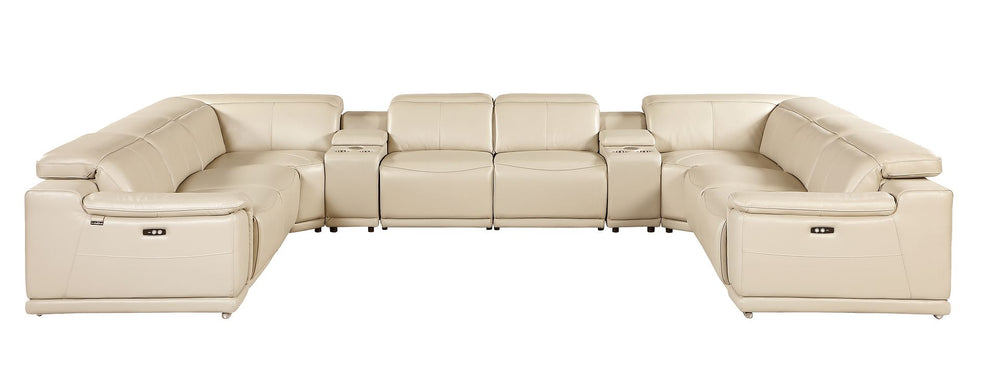 DivanItalia 9762 10-Piece U Shaped Top Grain Italian Leather Sectional Sofa with 4 Power Recliners - Beige