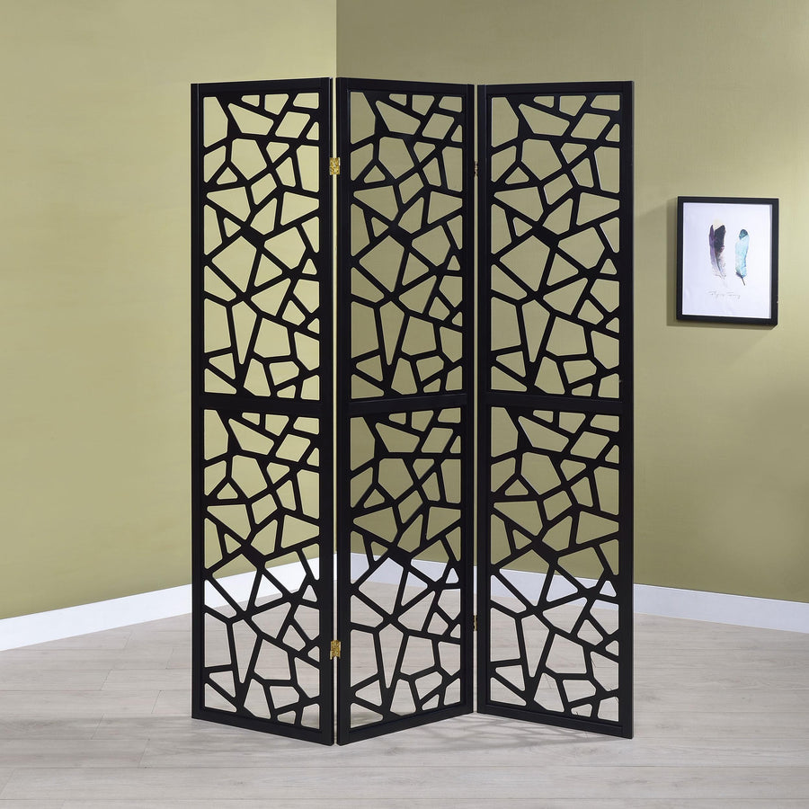 Coaster Furniture 900092 Nailan 3-Panel Room Divider Folding Screen Black Open Mosaic